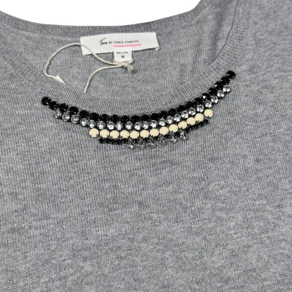 NWT Vince Camuto Jeweled Neck Sweater Sz.M Gray Chiffon Hem Oversized Preppy - Picture 7 of 9